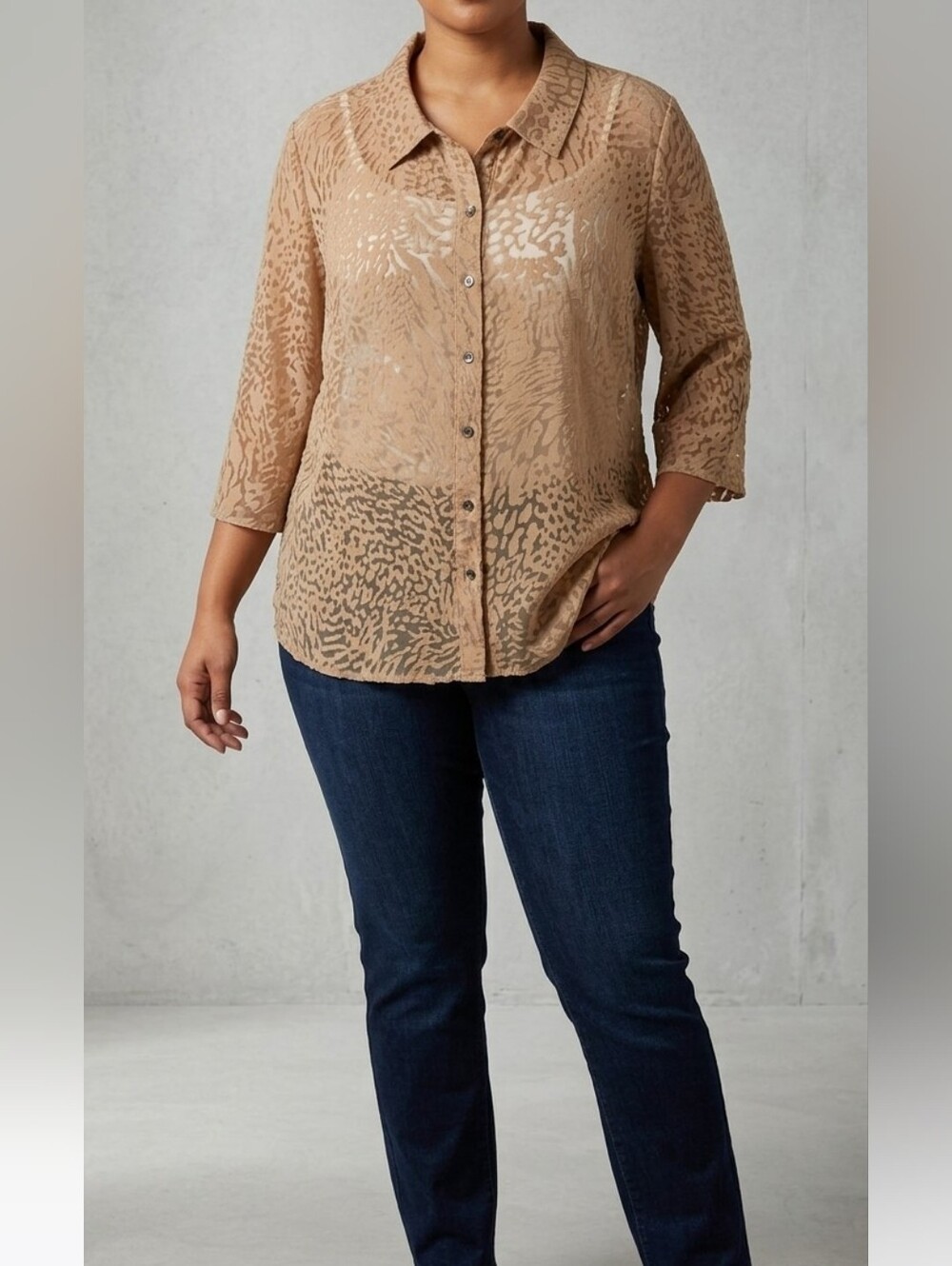 ​White Stag Plus 18W 20W Burnout Animal Print Blouse Cappuccino Sheer 3/4 Sleeve